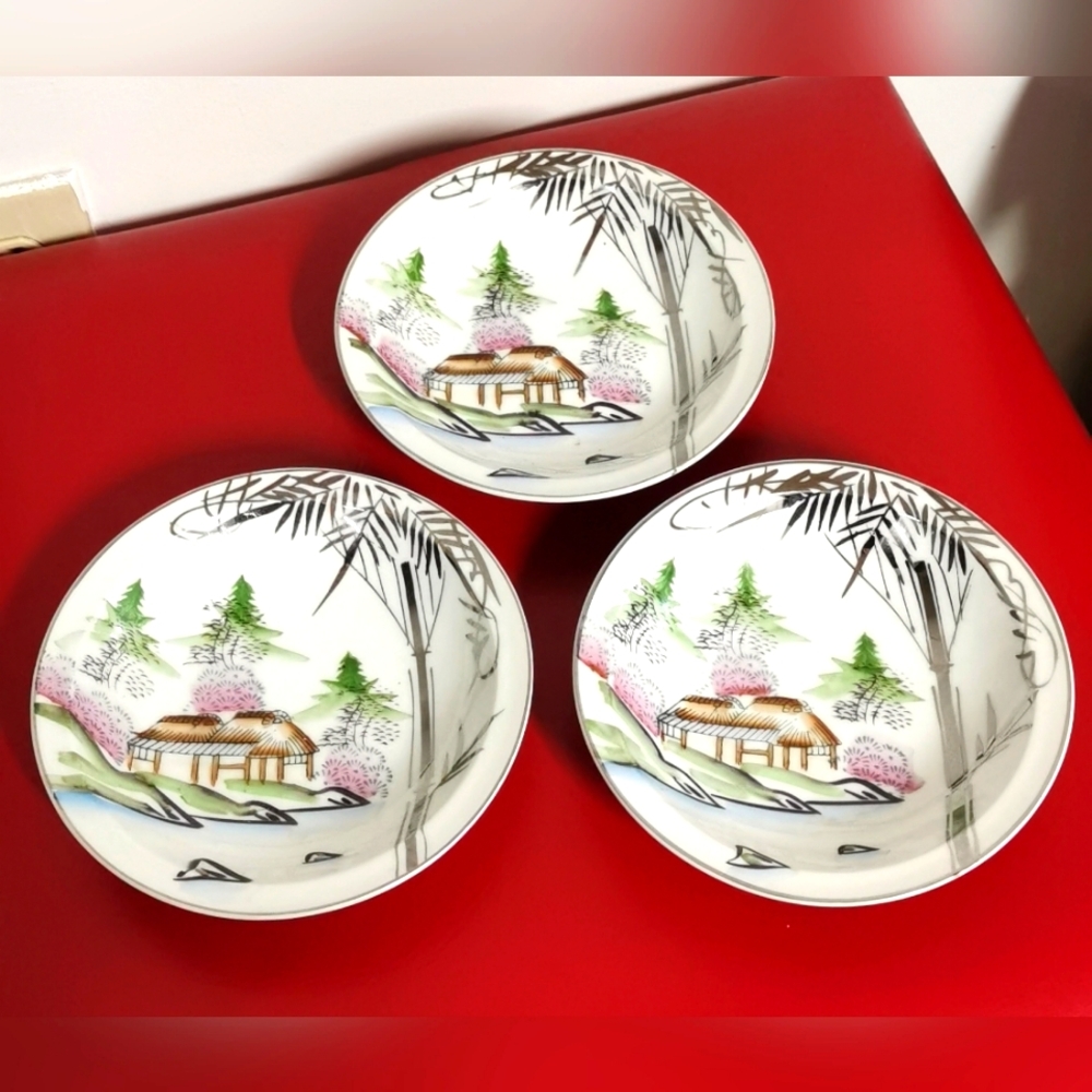 Set of 3 Japan Kutani Hand Painted Silver Bamboo House Water View Bowls 5.5"